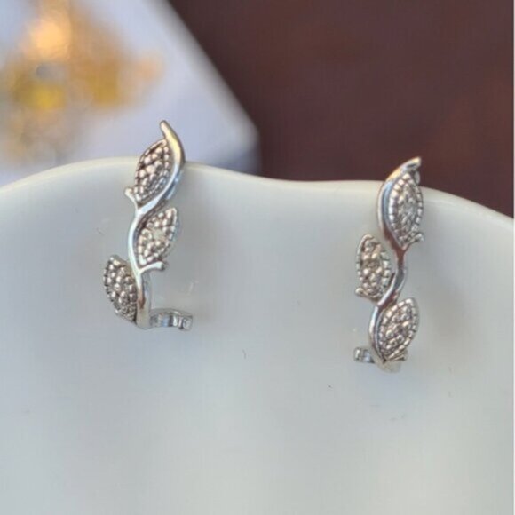 Vintage Sterling Silver Rhinestone Crystal Leaf Fall Design Half Hoop Earrings - Picture 6 of 9